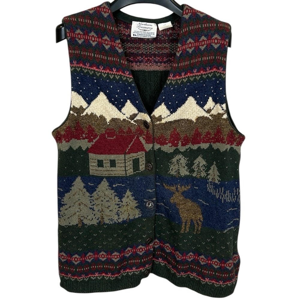 Vintage‎ Northern Reflections Sweater Vest Cabin Scene Moose Canada Knit Large